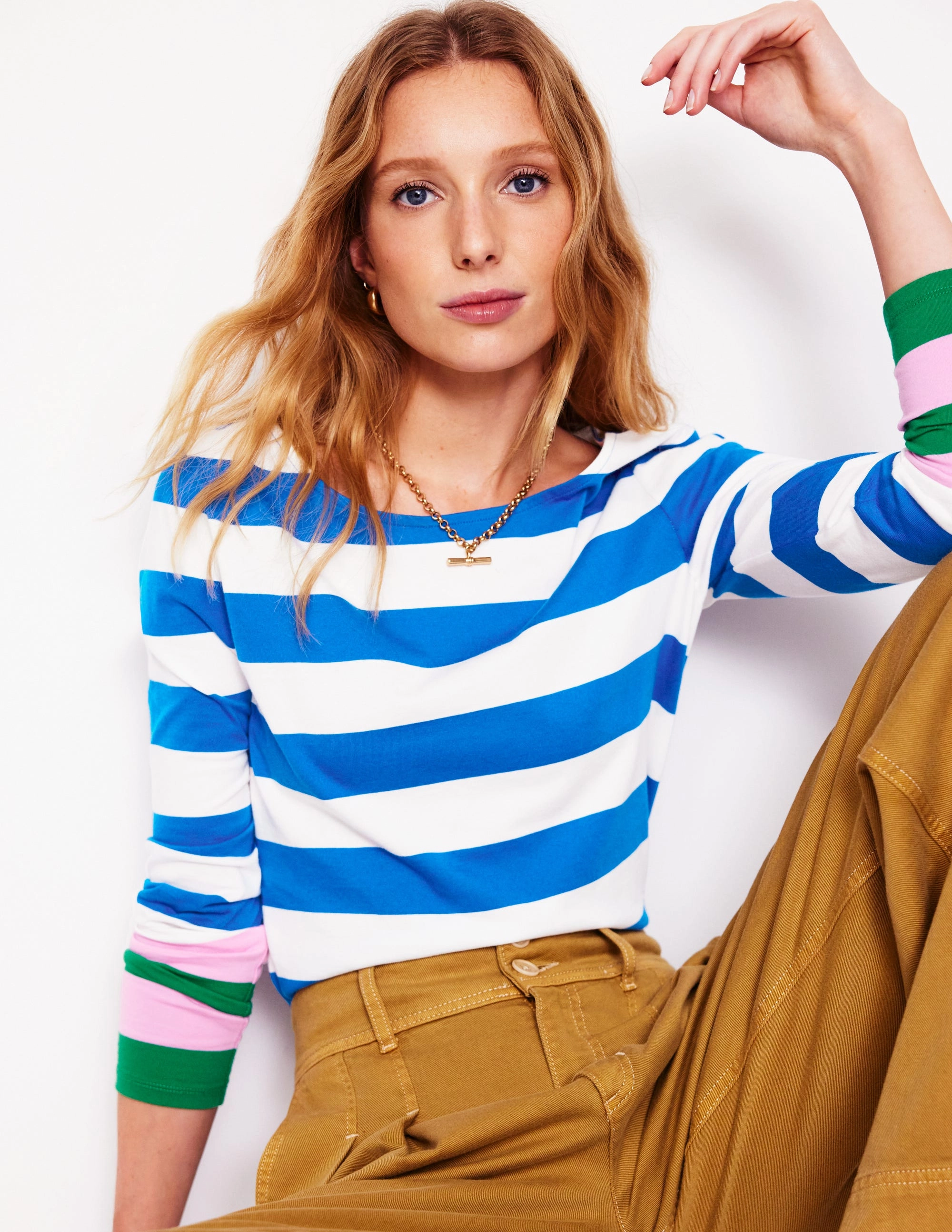 Ella Long Sleeve Breton-Gallery Blue, Emerald Cuff SelfFabric Binding Lightweight pullover