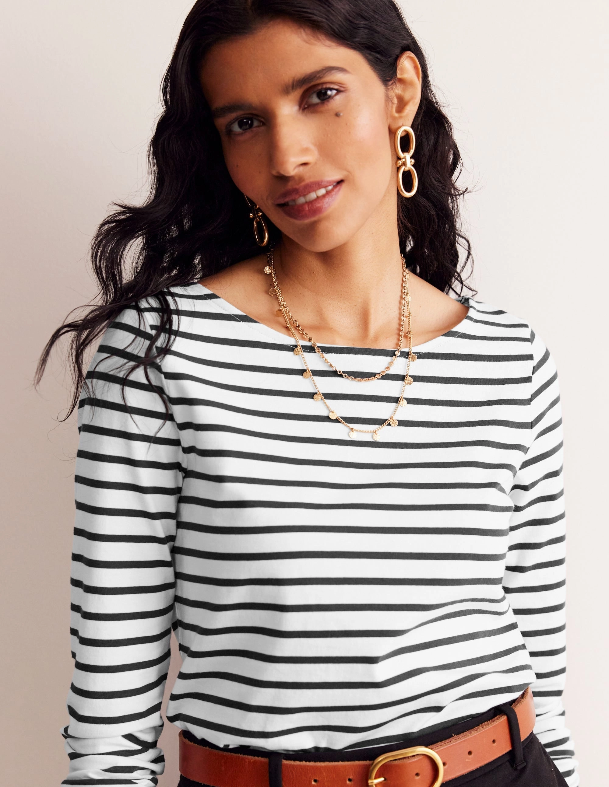 Ella Long Sleeve Breton-Ivory, Black Adjustable Hemline