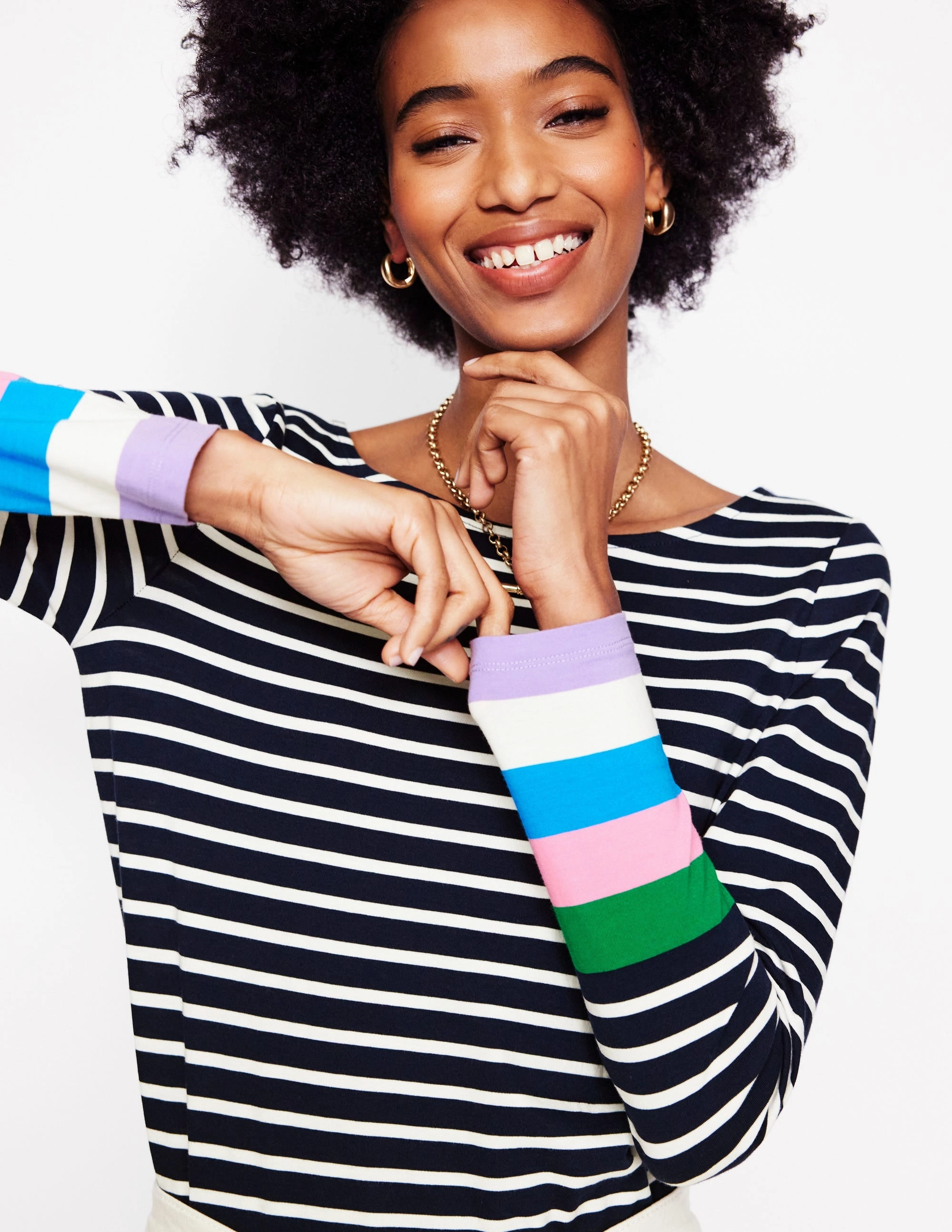 Adjustable drawstring Circular Knit Technique Ella Long Sleeve Breton-Navy Multi Cuff