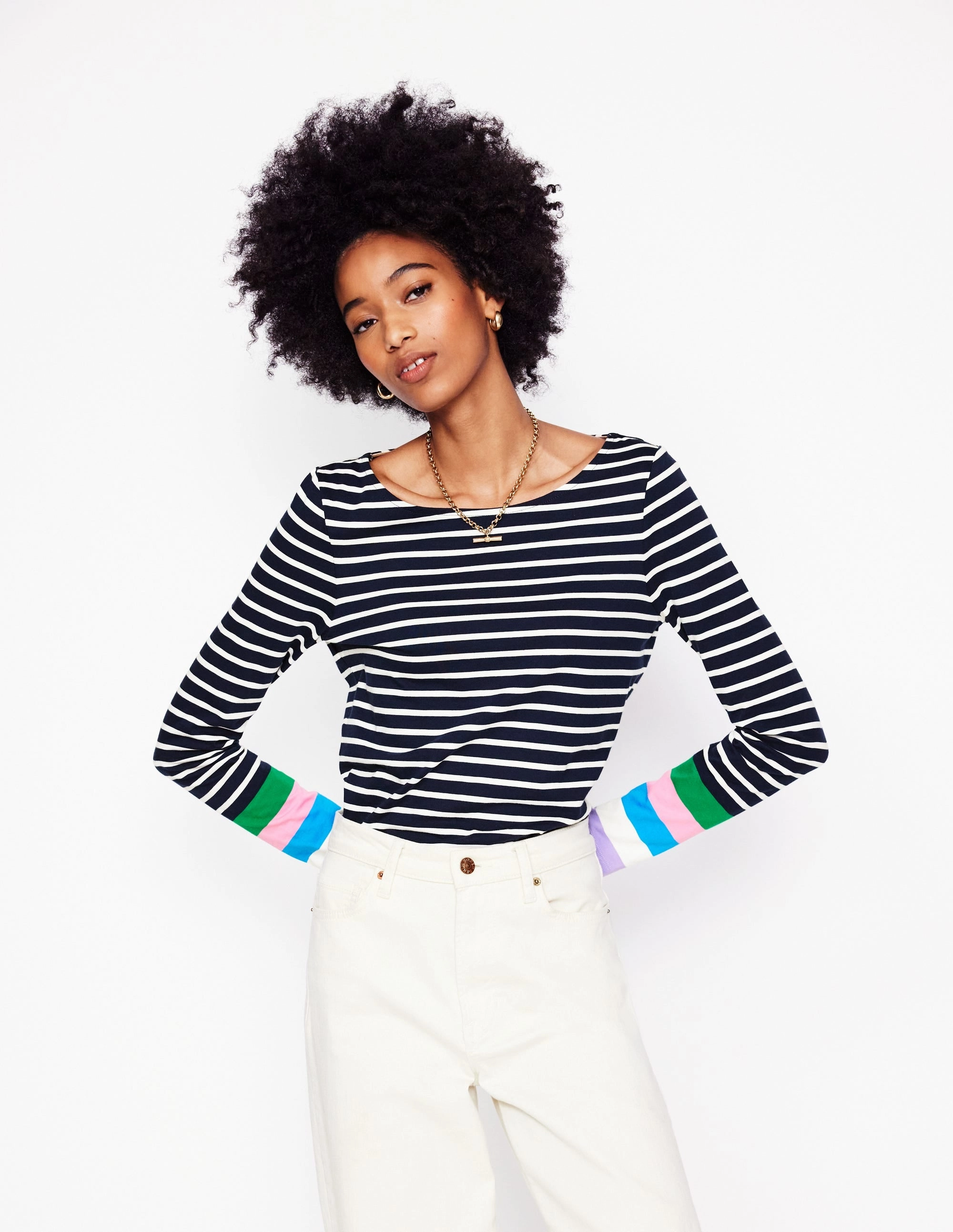 Summer Polo DoubleStitching Ella Long Sleeve Breton-Navy Multi Cuff