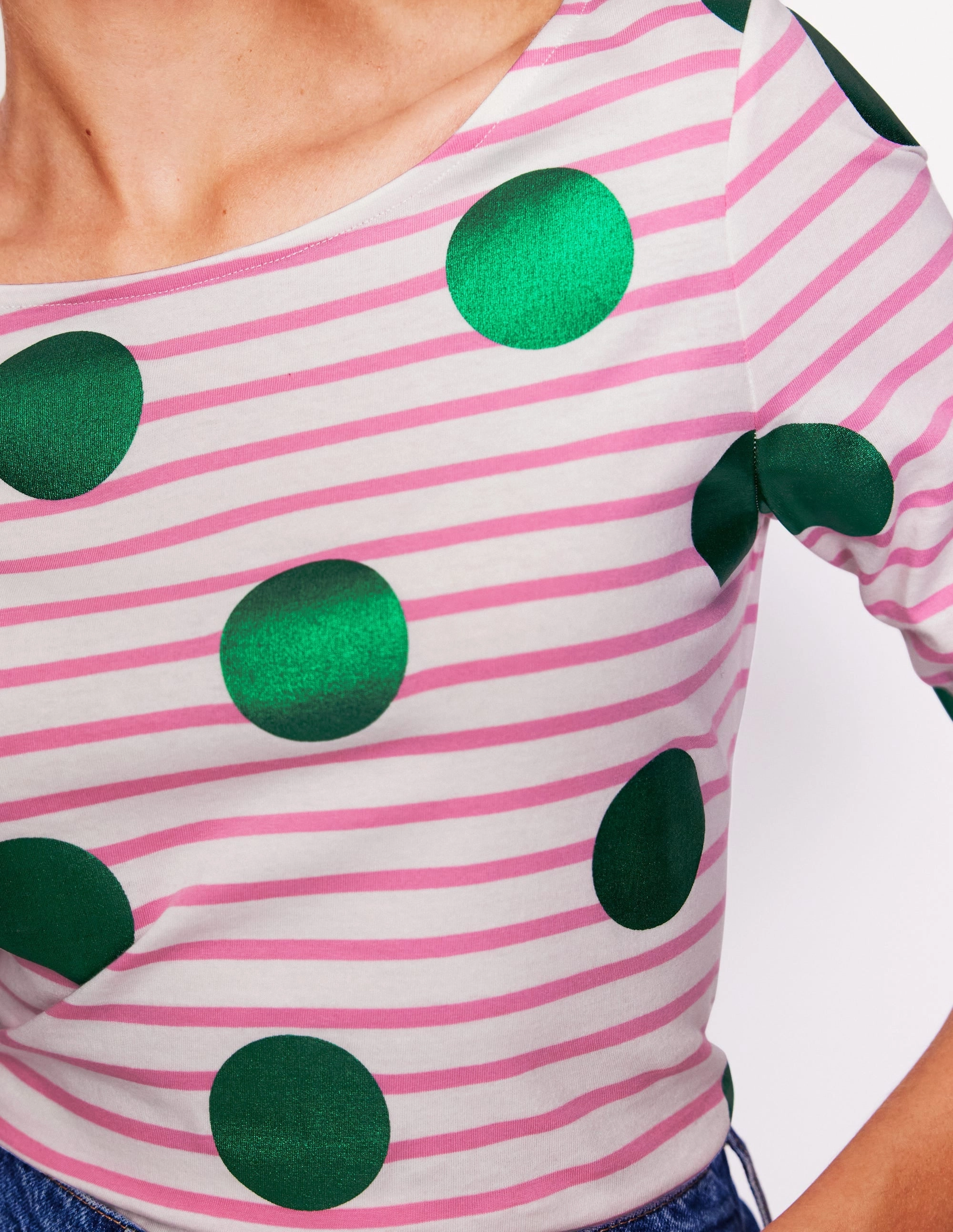 Ella Long Sleeve Breton-Pink, Ivory, Green Spot Ventilated Back Panels Basic Dress