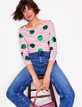 MultiDirectionalStretch Ella Long Sleeve Breton-Pink, Ivory, Green Spot