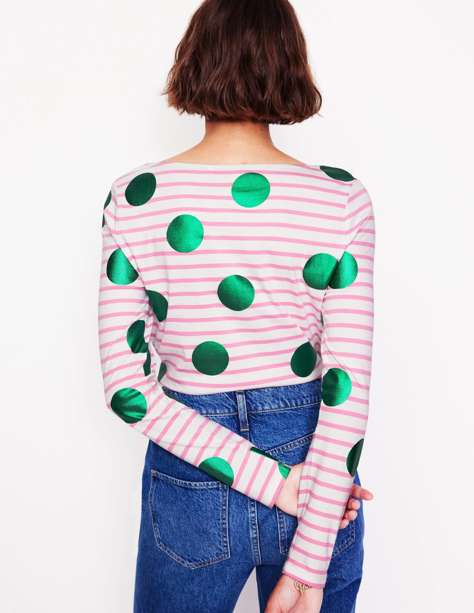 Ella Long Sleeve Breton-Pink, Ivory, Green Spot Flexible Shoulder Gusset MidweightJersey