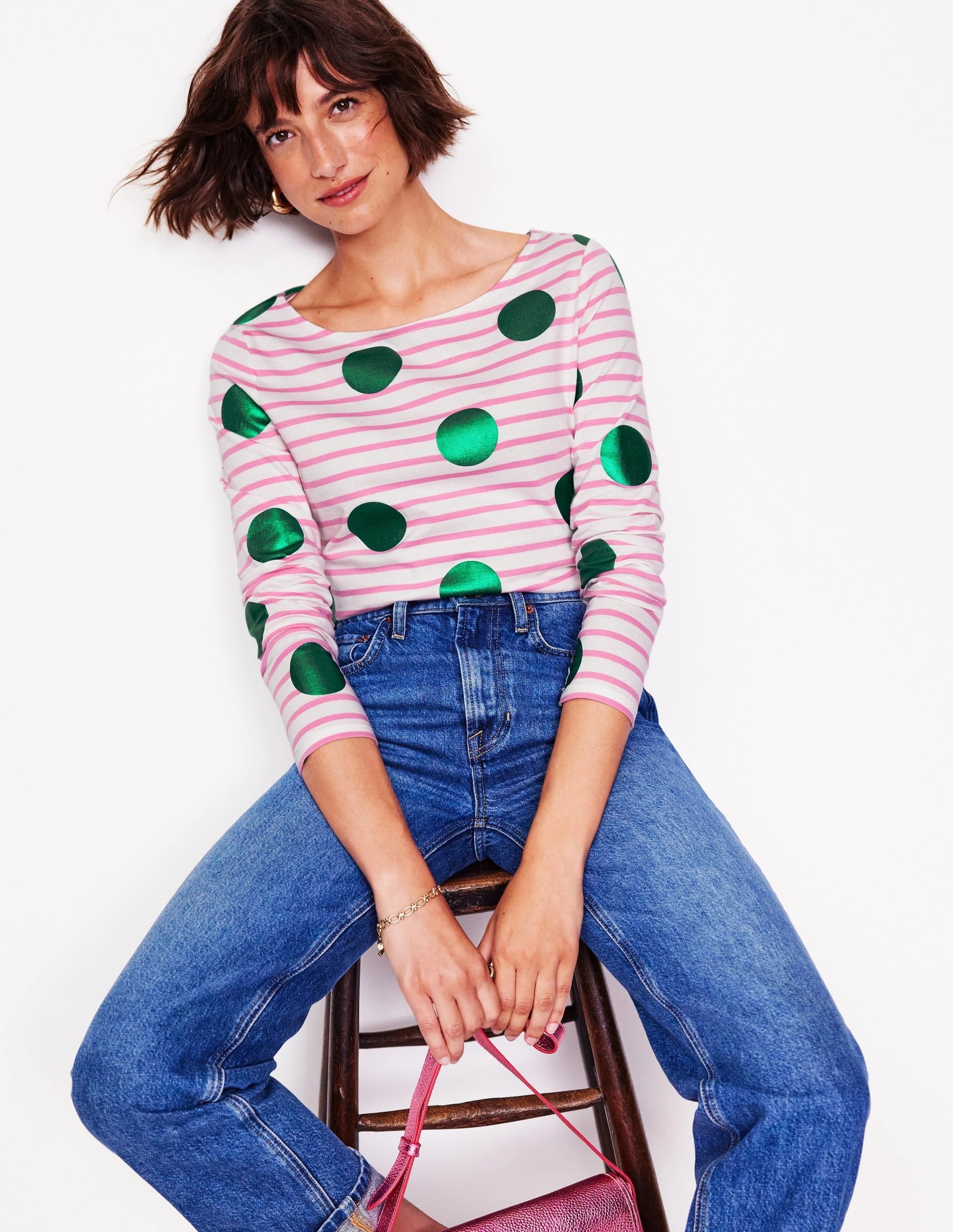MultiDirectionalStretch Ella Long Sleeve Breton-Pink, Ivory, Green Spot