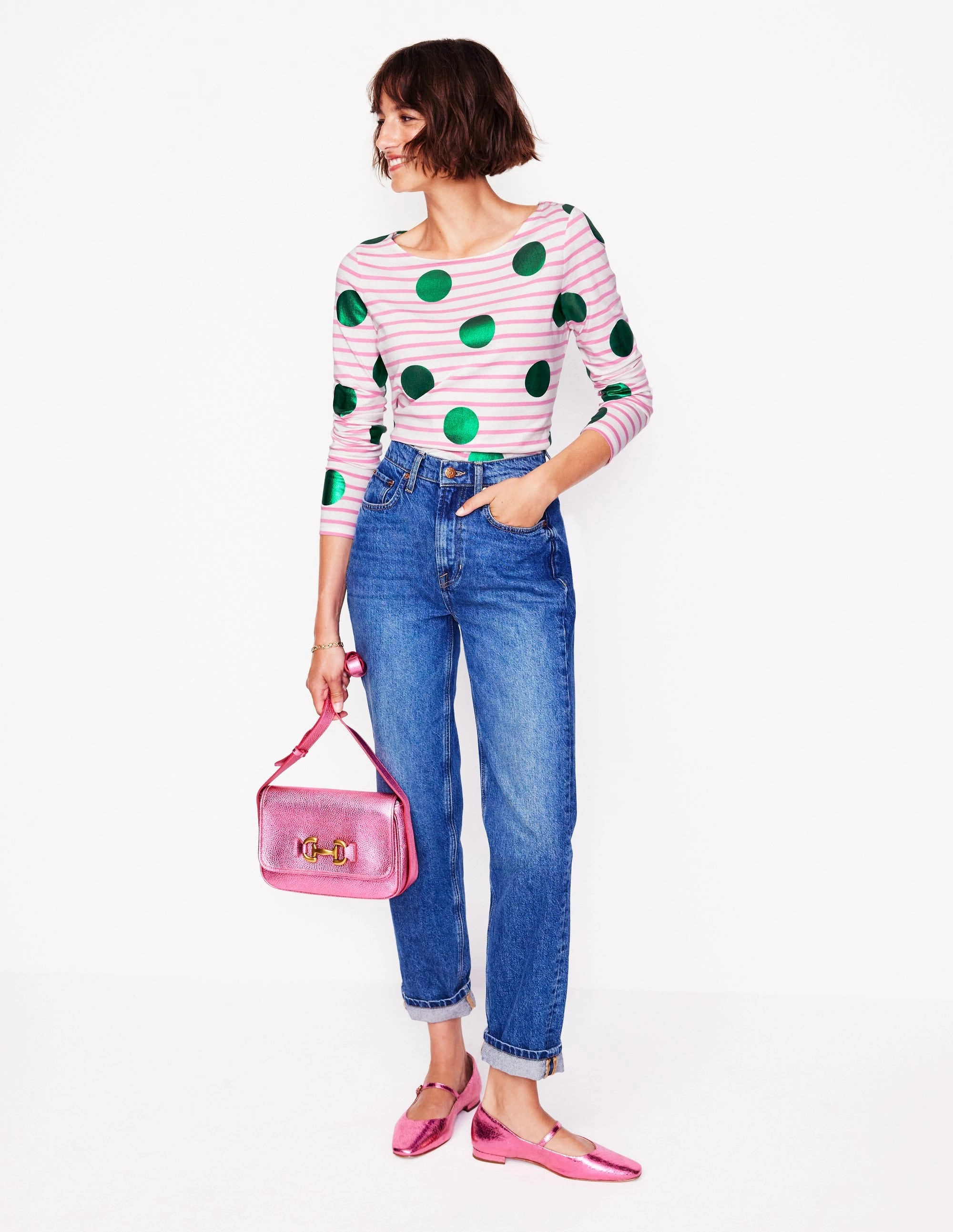 Reinforced Elbow Patches Ella Long Sleeve Breton-Pink, Ivory, Green Spot