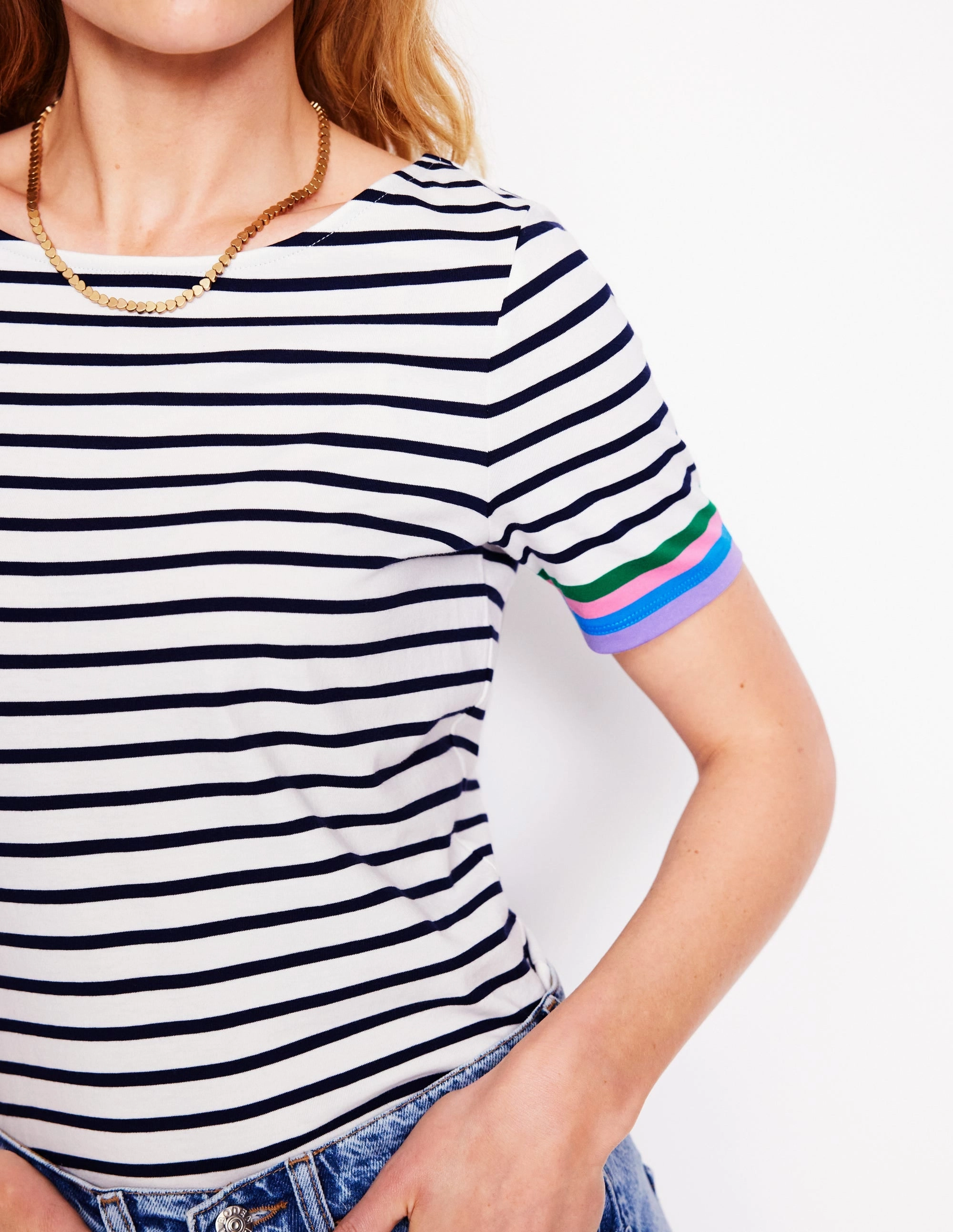 Abrasion Resistant Fabric OdorResistant Ella Short Sleeve Breton-Emerald, Purple Sleeve Stripe