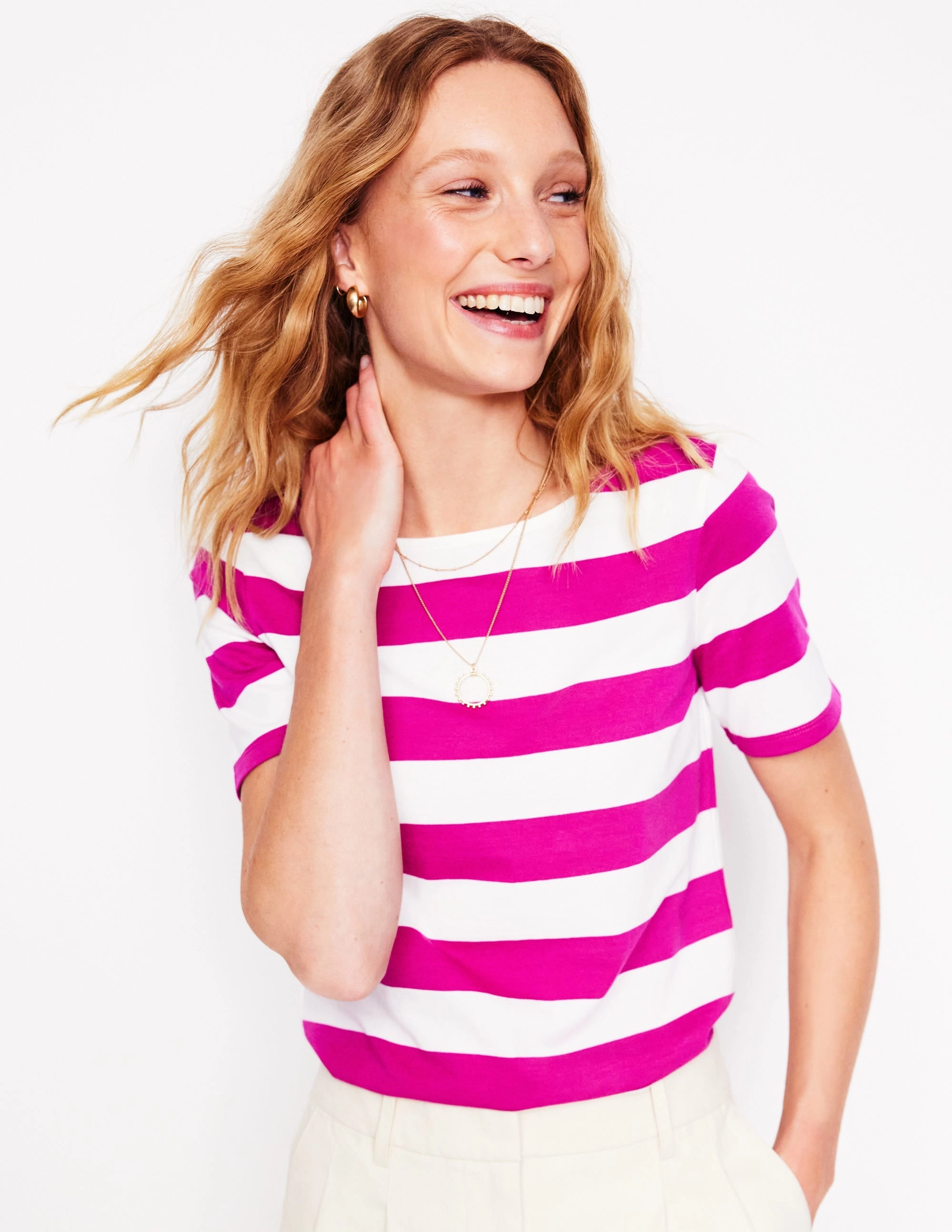 Ella Short Sleeve Breton-Ivory, Festival Fuchsia HypoallergenicFabric Drop Shoulder