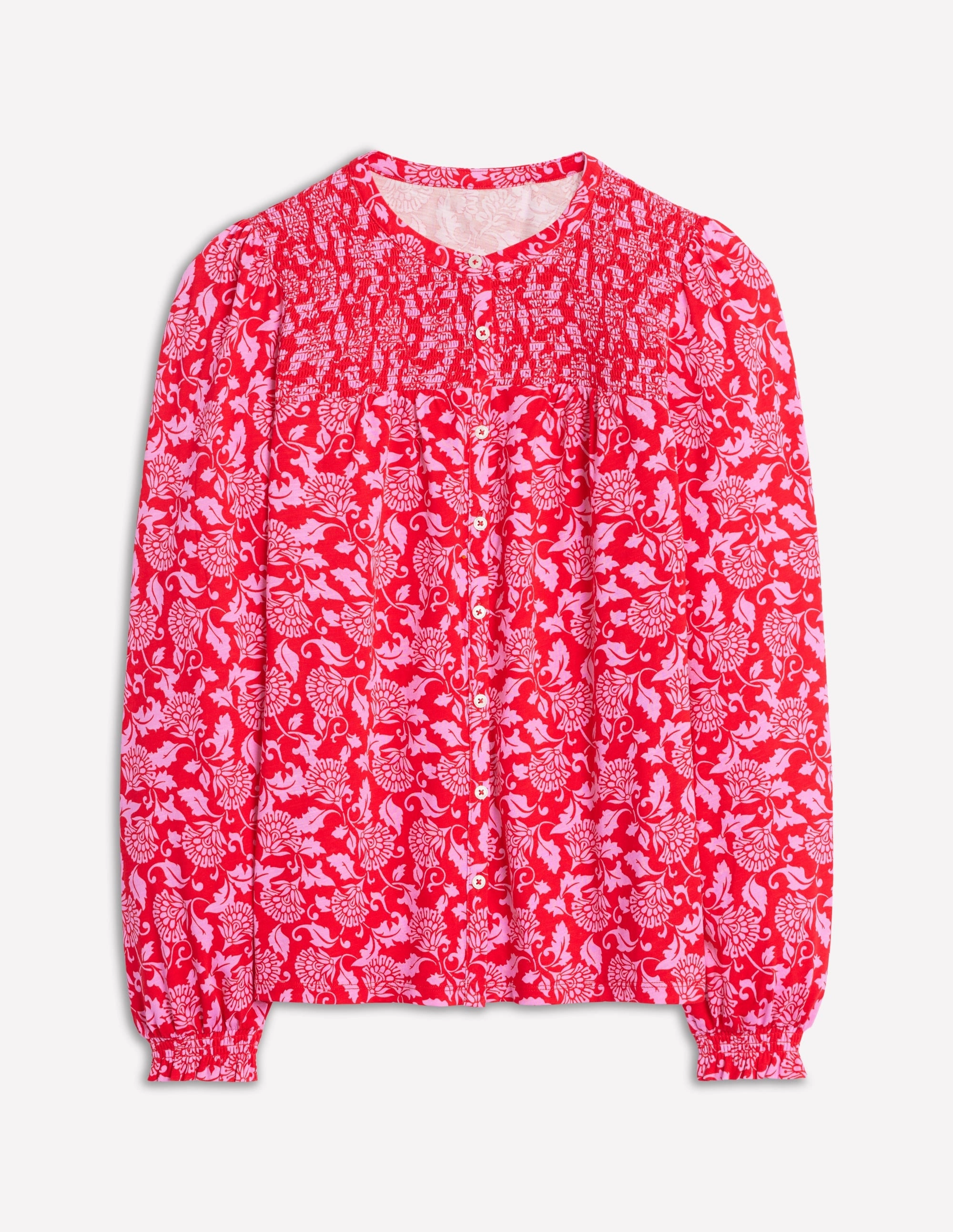Modular Pocket Layout Light material Elsa Smocked Yoke Jersey Shirt-Poppy Red, Ornate Vine
