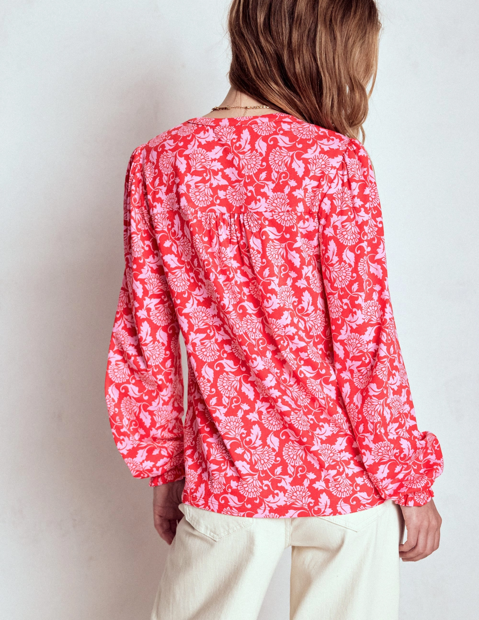Minimalist Cuff Elsa Smocked Yoke Jersey Shirt-Poppy Red, Ornate Vine