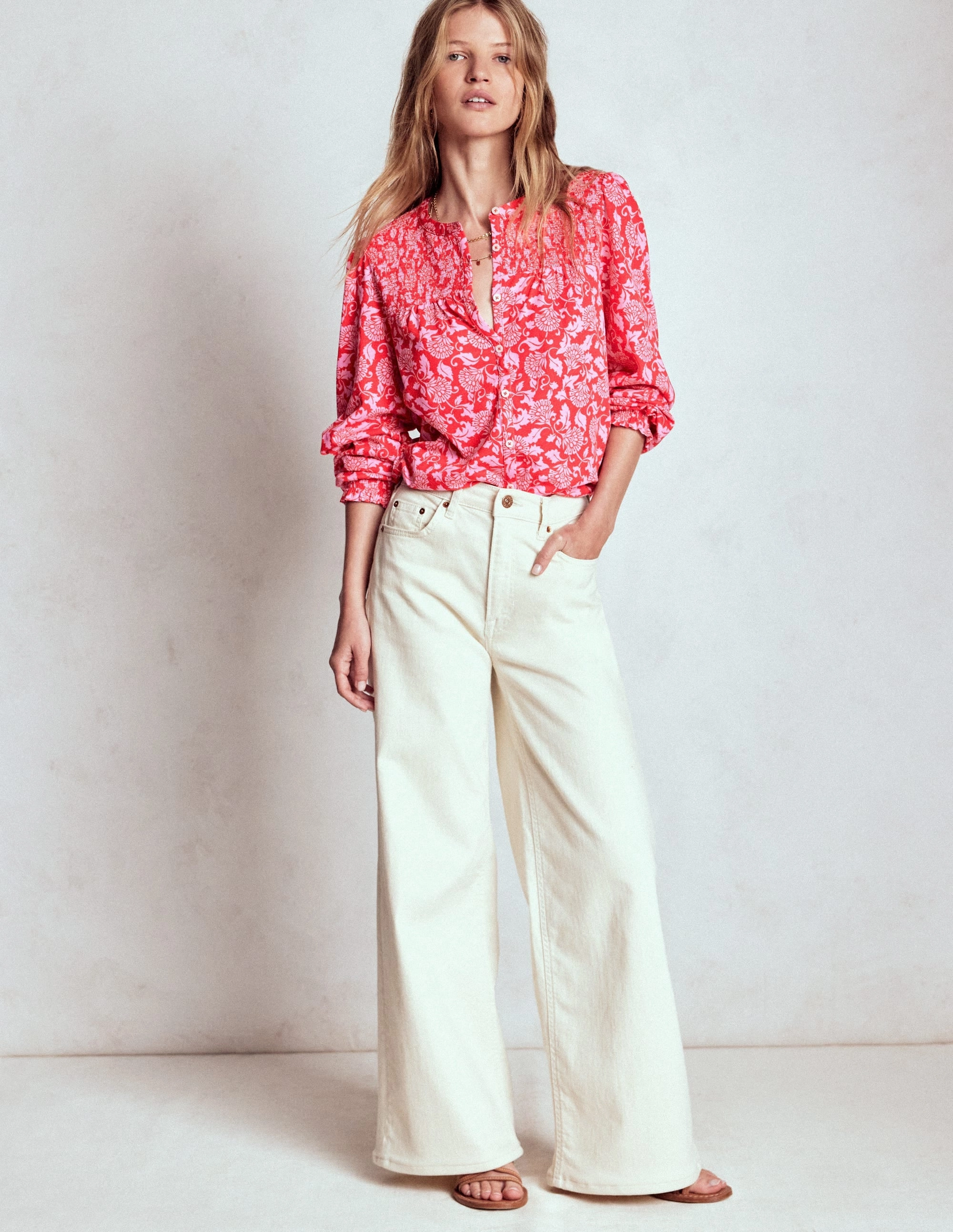 Elsa Smocked Yoke Jersey Shirt-Poppy Red, Ornate Vine Neutral Tone Stitching Seamless construction