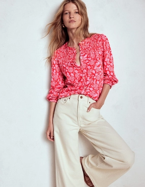 Elsa Smocked Yoke Jersey Shirt-Poppy Red, Ornate Vine Casual Tee