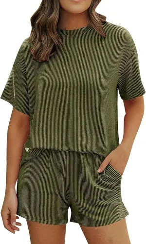 Elvessa Ribbed Textured Set, Womens Two 2 Piece Sets Textured Knit Casual T-Shirts Shorts, Ribbed Textured 2 Piece Short Set