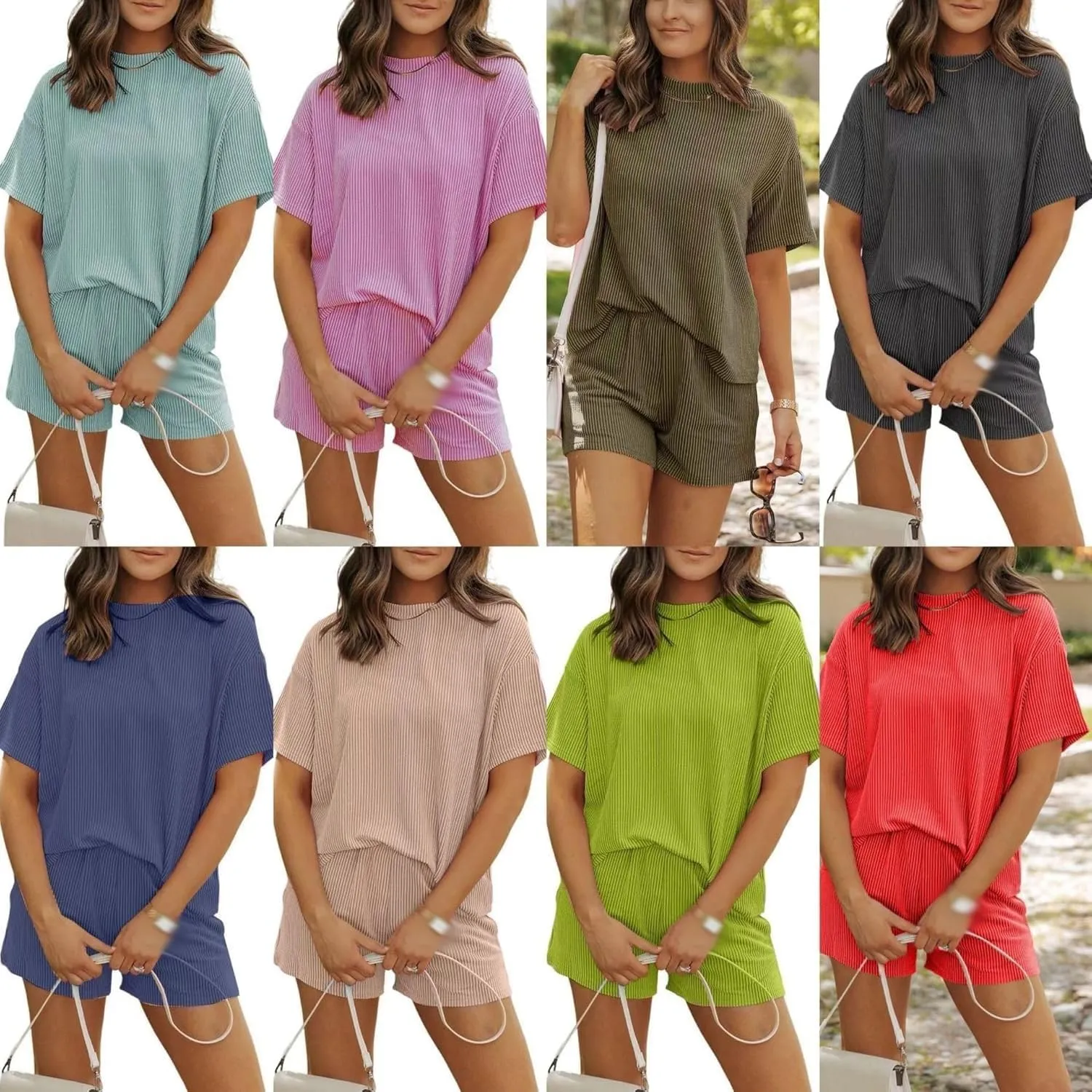 Elvessa Ribbed Textured Set, Womens Two 2 Piece Sets Textured Knit Casual T-Shirts Shorts, Ribbed Textured 2 Piece Short Set