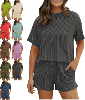 Elvessa Textured Ribbed Set, Elvessa Ribbed Short Set, Womens Two 2 Piece Sets Textured Knit Casual T-Shirts Shorts