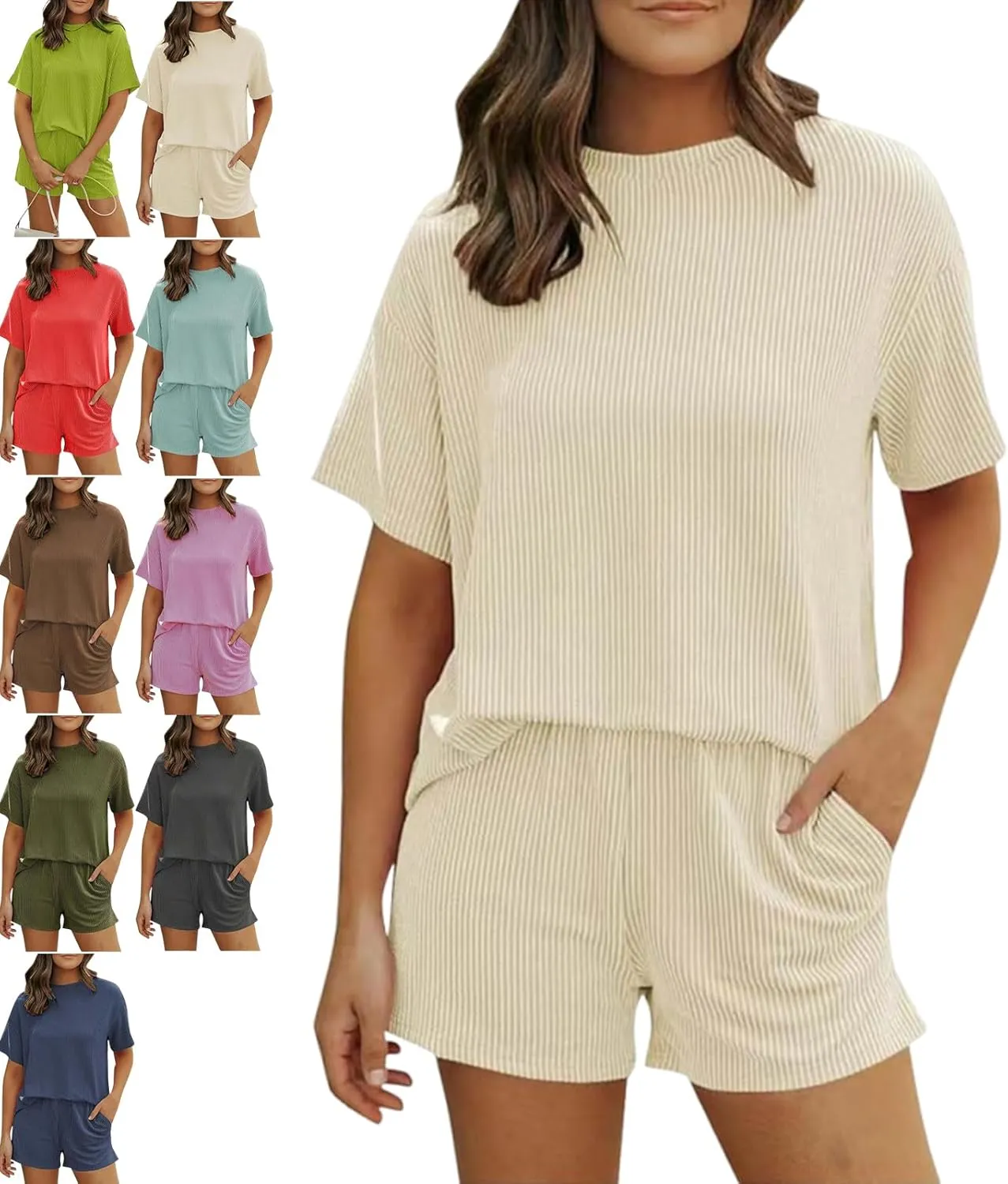 Elvessa Textured Ribbed Set, Elvessa Ribbed Short Set, Womens Two 2 Piece Sets Textured Knit Casual T-Shirts Shorts