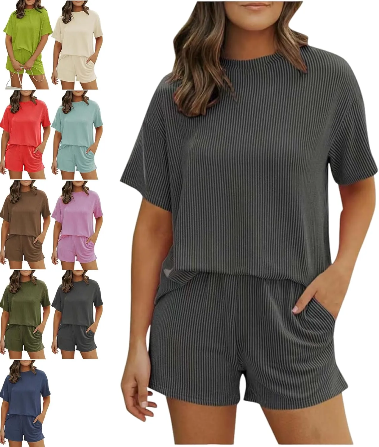 Elvessa Textured Ribbed Set, Elvessa Ribbed Short Set, Womens Two 2 Piece Sets Textured Knit Casual T-Shirts Shorts