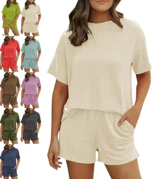 Elvessa Textured Ribbed Set, Elvessa Ribbed Short Set, Womens Two 2 Piece Sets Textured Knit Casual T-Shirts Shorts