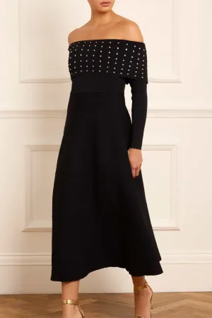 Satin Layers Embellished Bardot Knit Gown
