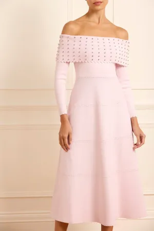 Embellished Bardot Knit Gown Delicate Lines Gentle Glow