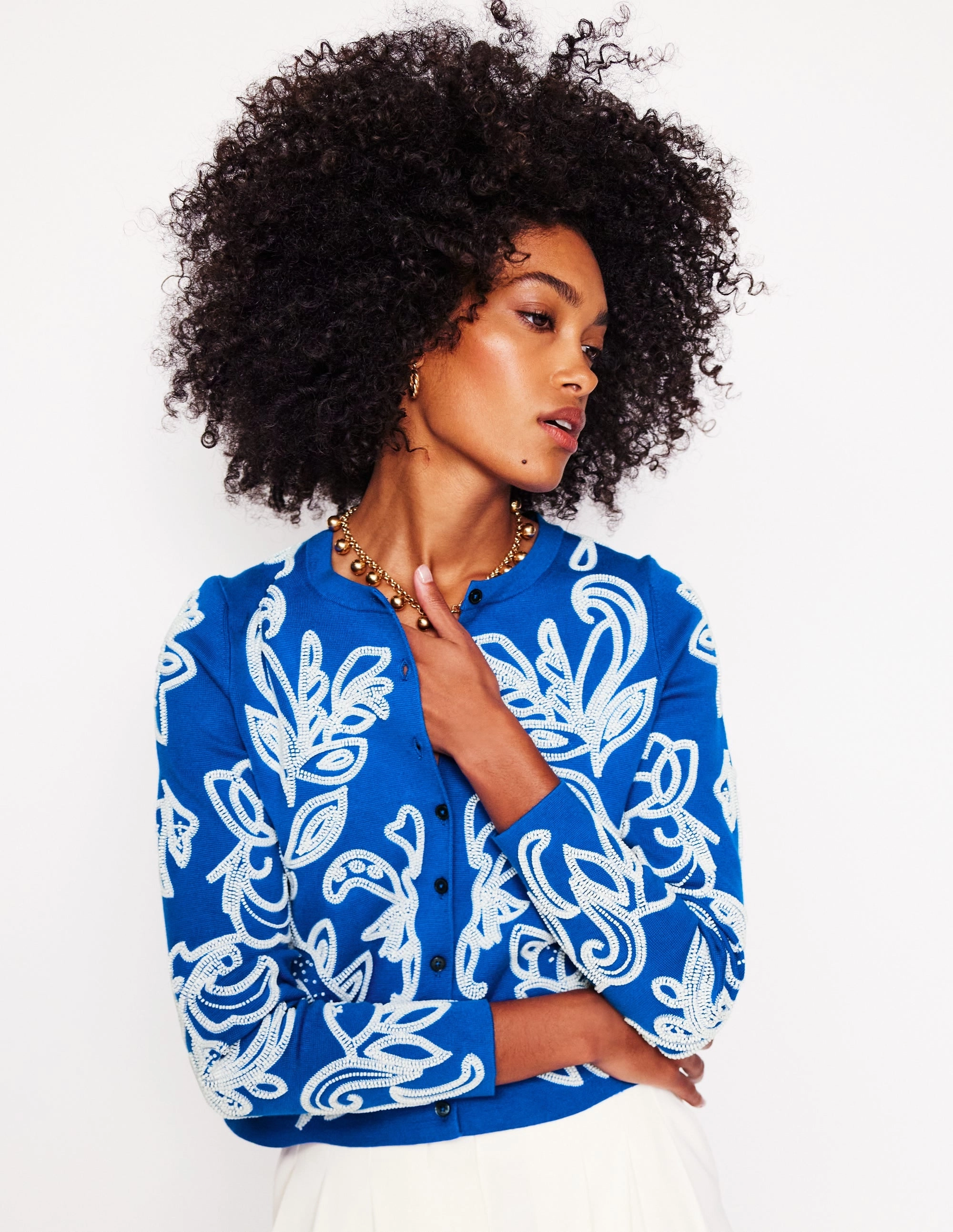 Embellished  Cardigan-Gallery Blue Minimalist Button Placket Anytime Fit
