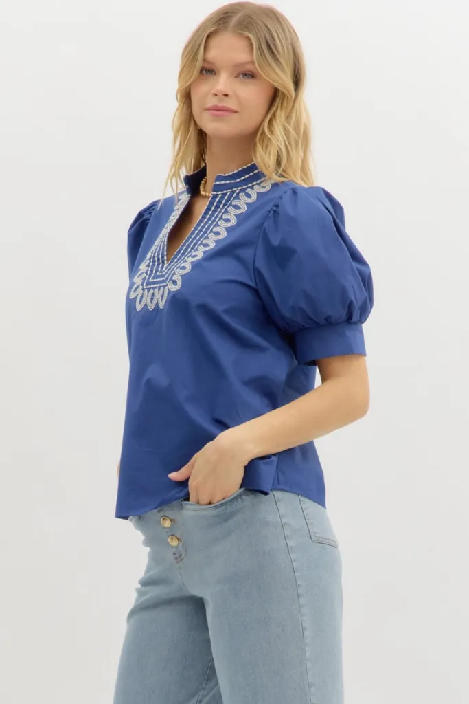 Ember Embroidered Puff Sleeve Top Fade Resistant Treatment Sustainable Production Certified