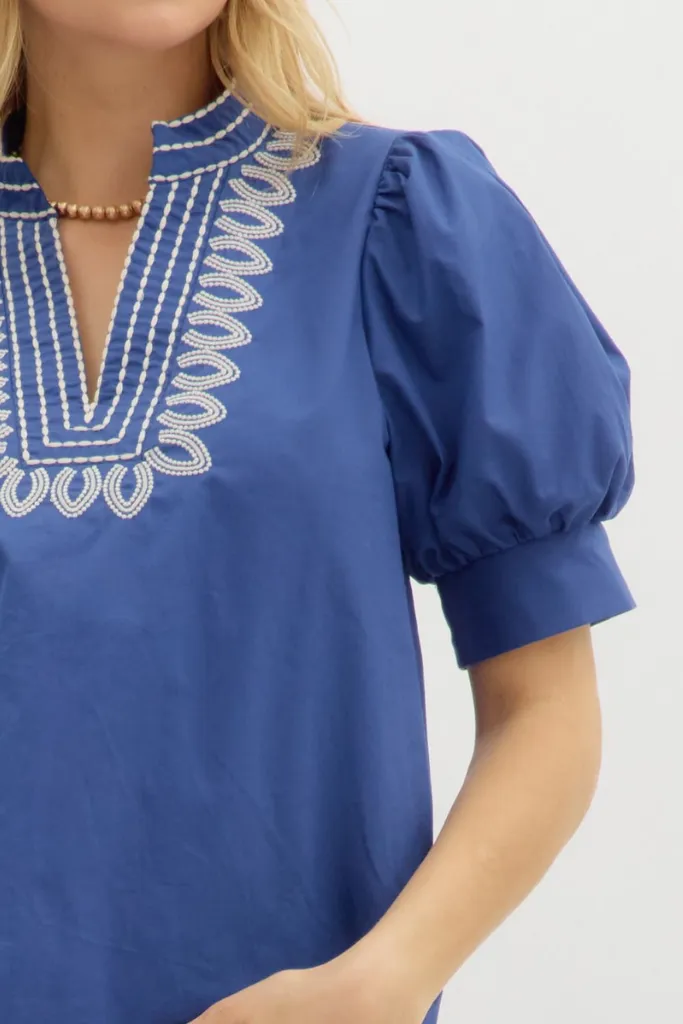 Ember Embroidered Puff Sleeve Top Versatile Layering Classic Polo
