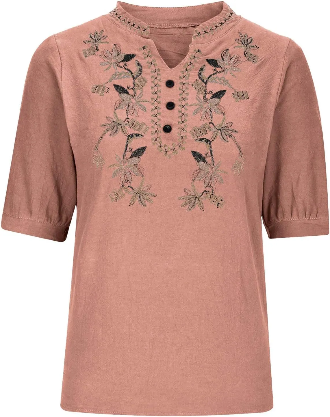 Embroidered Cotton Linen Peasant Tops Women 2025 Elegant Tees Dressy Casual Blouse Short Sleeve V Neck Tunic Pullover