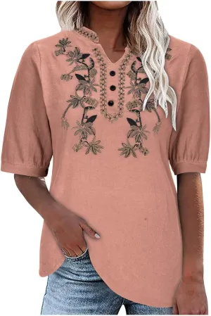 Embroidered Cotton Linen Peasant Tops Women 2025 Elegant Tees Dressy Casual Blouse Short Sleeve V Neck Tunic Pullover