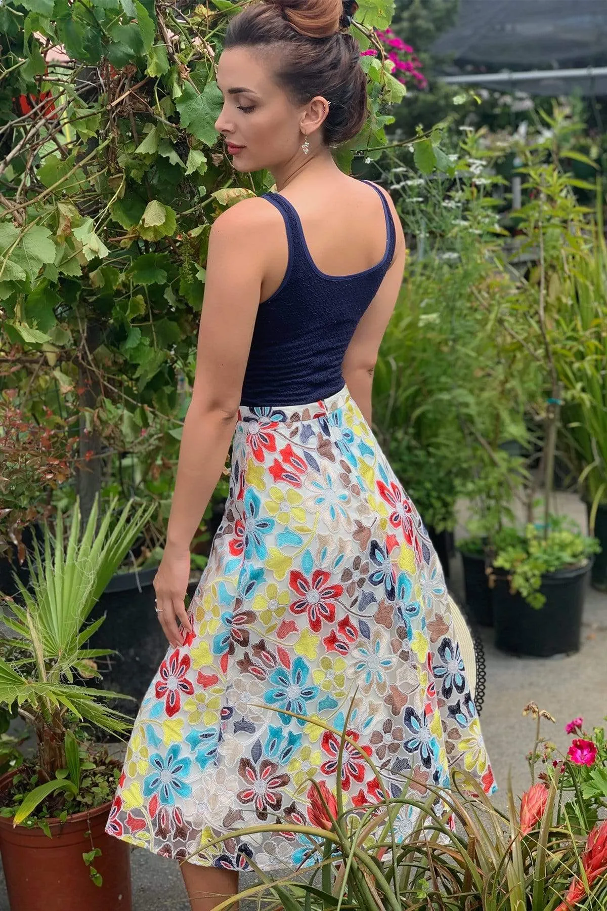 Velvet Finish Airy Look Embroidered Floral Midi Skirt