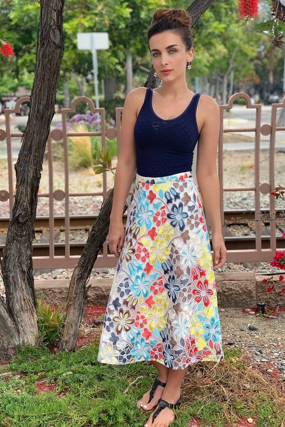 All Day Comfort Slip Resistant Waistband Embroidered Floral Midi Skirt