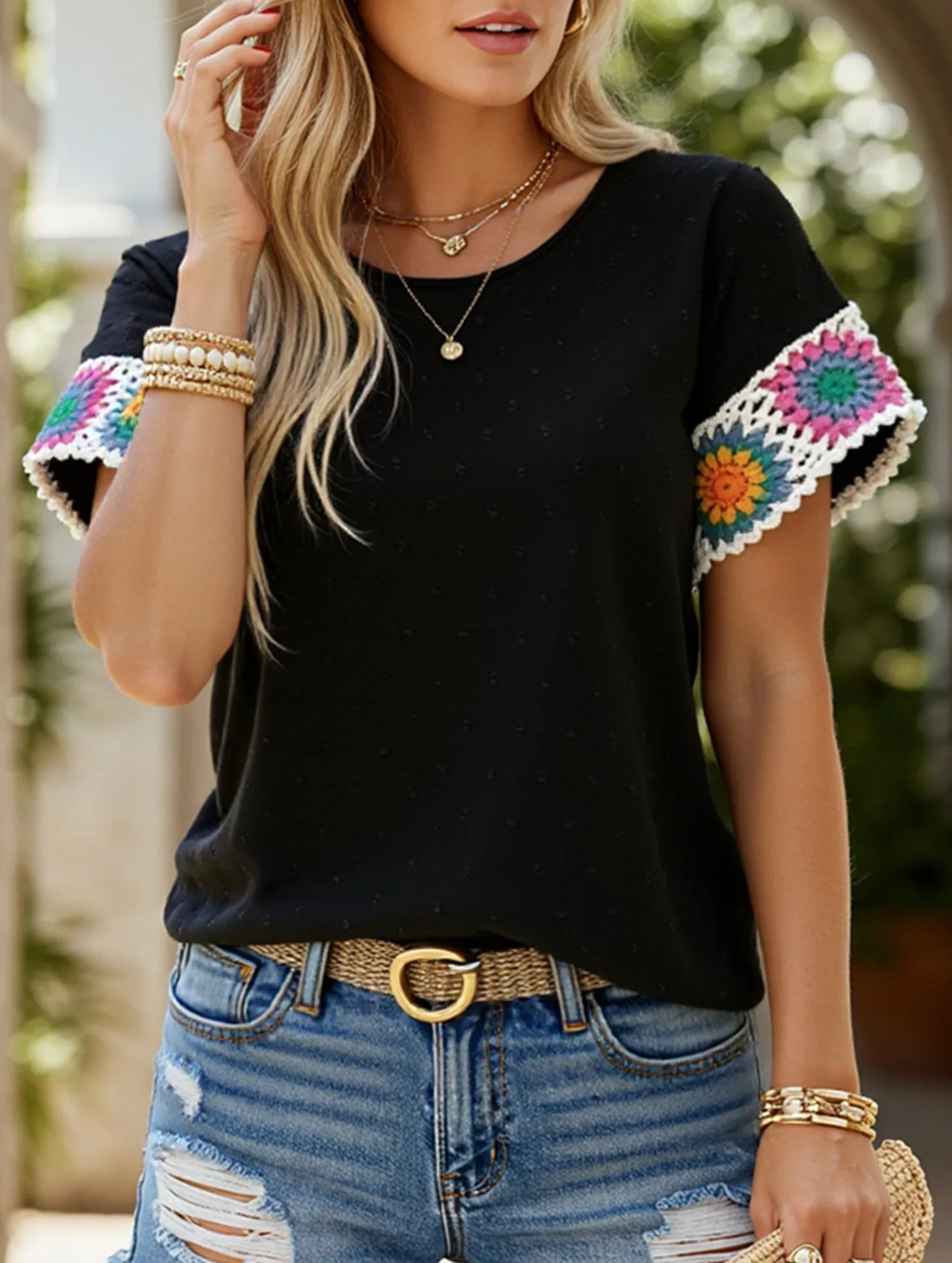 Stretchable Blend Embroidered Polka Dot Top ??Women's Casual Round Neck Short Sleeve Blouse