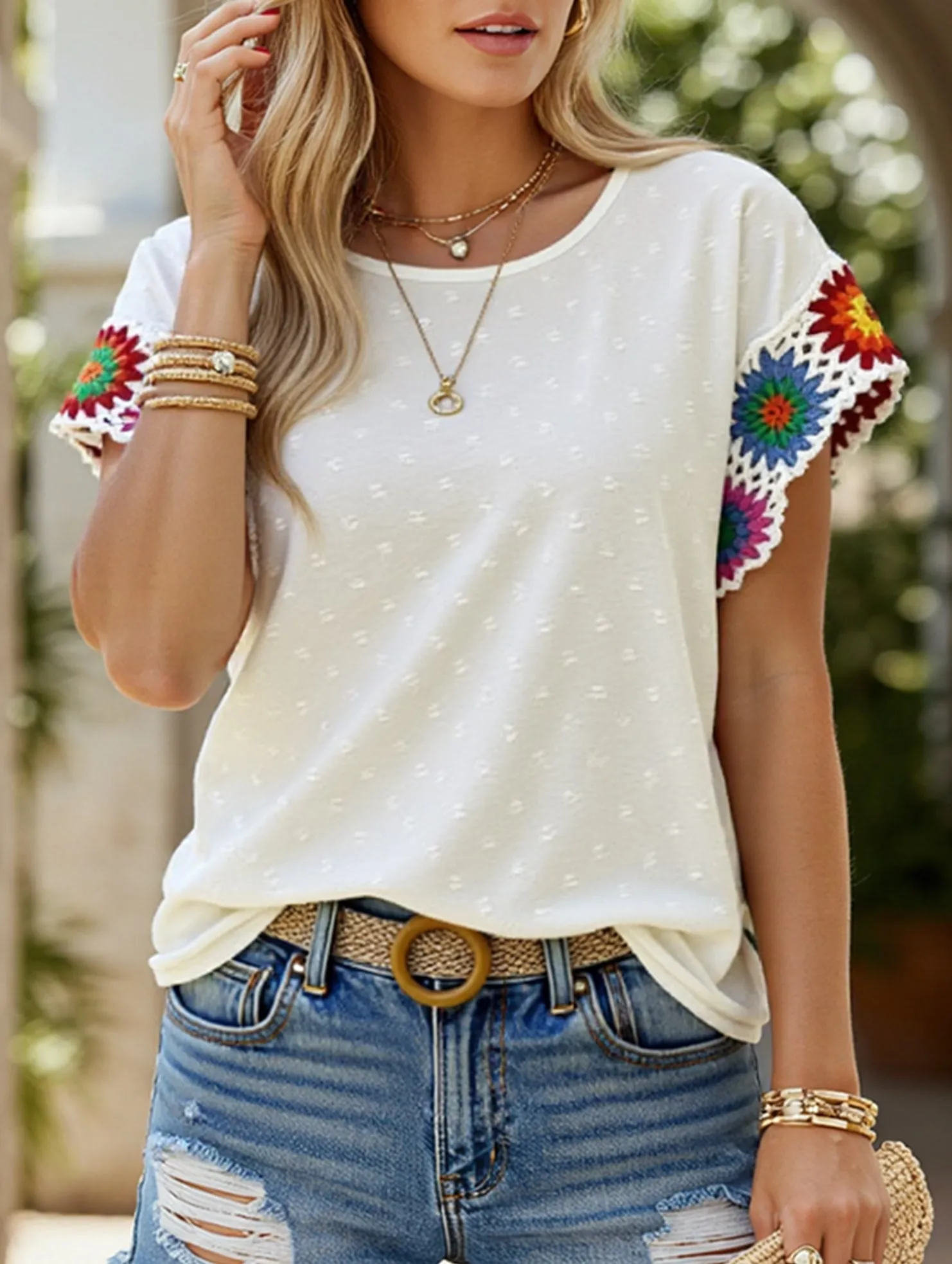 BreathableBackVents AntiPillingFinish Embroidered Polka Dot Top ??Women's Casual Round Neck Short Sleeve Blouse