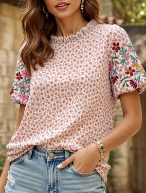 Embroidered Printed Turtleneck Blouse ??Boho Chic High Neck Long Sleeve Top Formal top Basic Long Sleeve