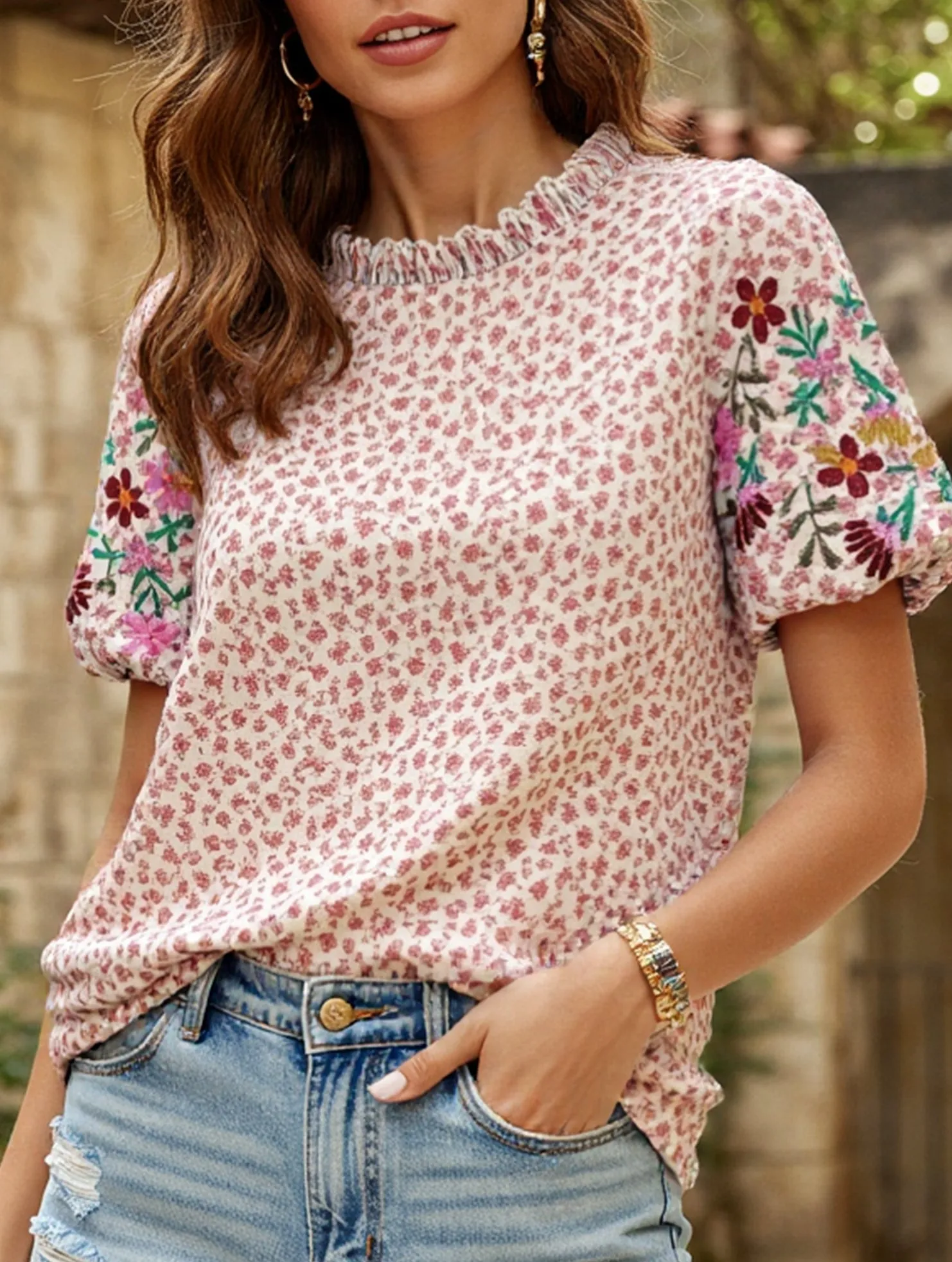 Embroidered Printed Turtleneck Blouse ??Boho Chic High Neck Long Sleeve Top Organic Cotton Fiber Non Restrictive Fit