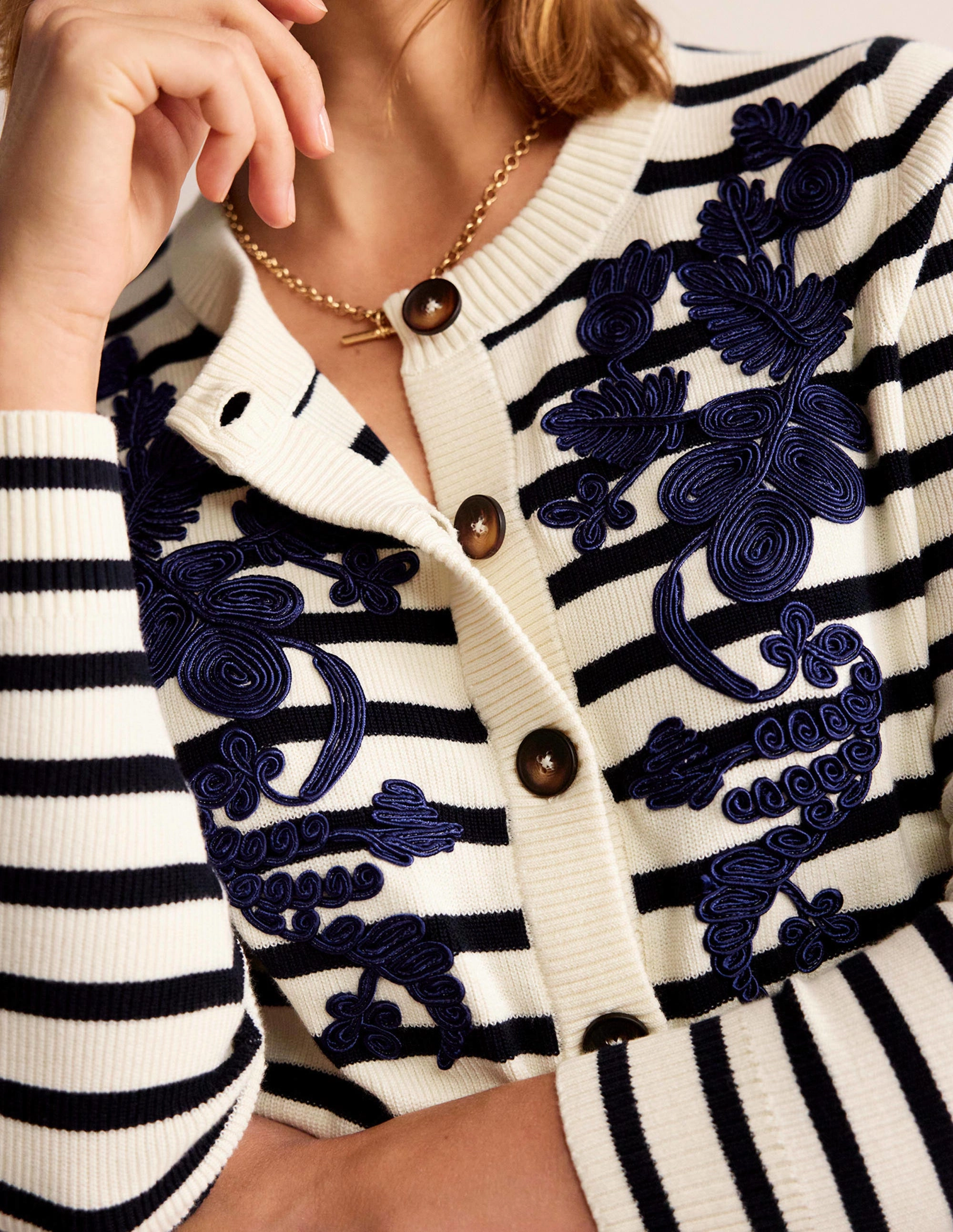 Embroidered Cardigan-Navy/Warm Ivory Stripe early morning