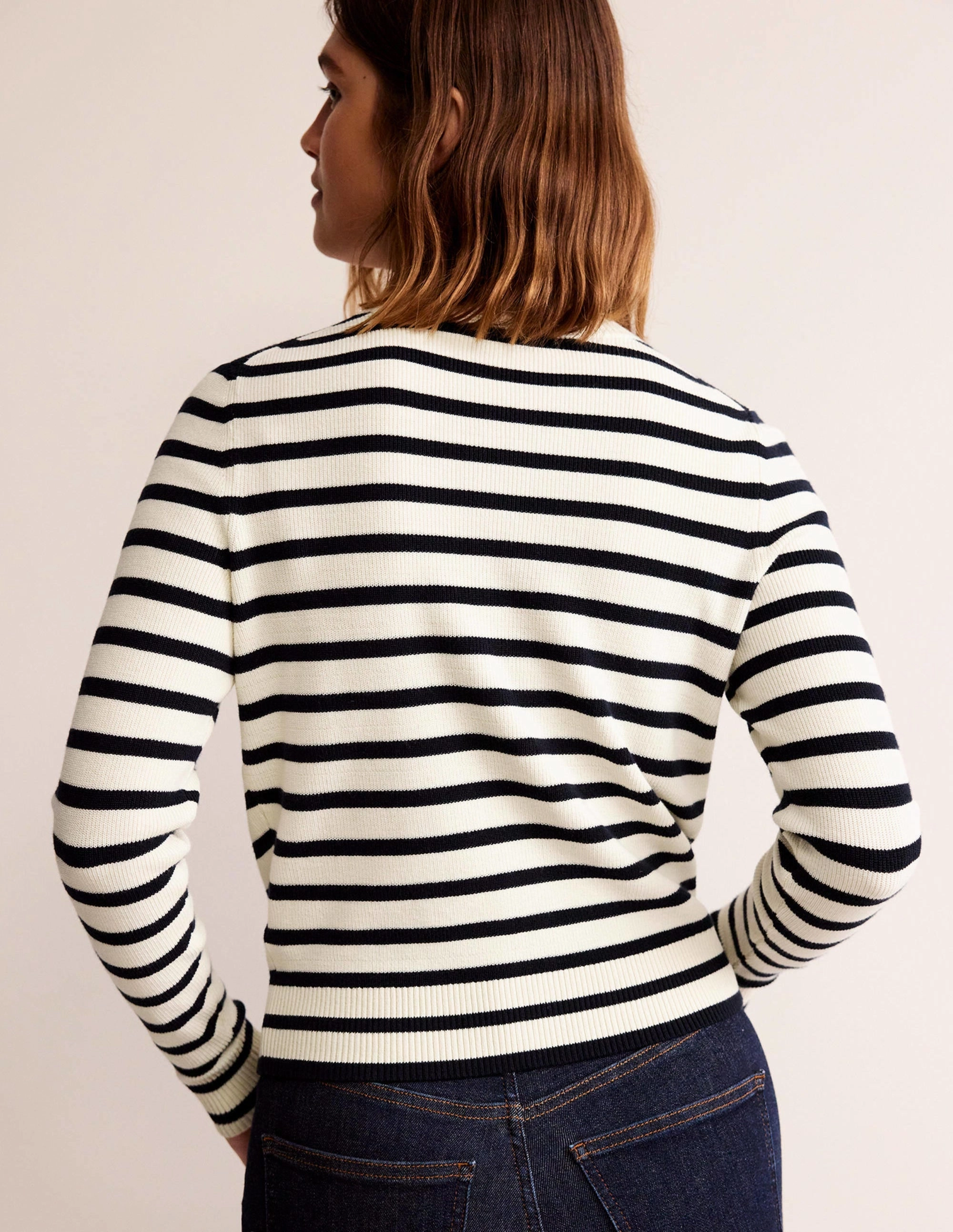 Embroidered Cardigan-Navy/Warm Ivory Stripe Casual Draping