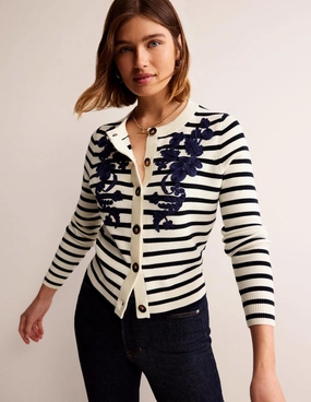 Embroidered Cardigan-Navy/Warm Ivory Stripe BreathableKnit Fabric Warm Vibe