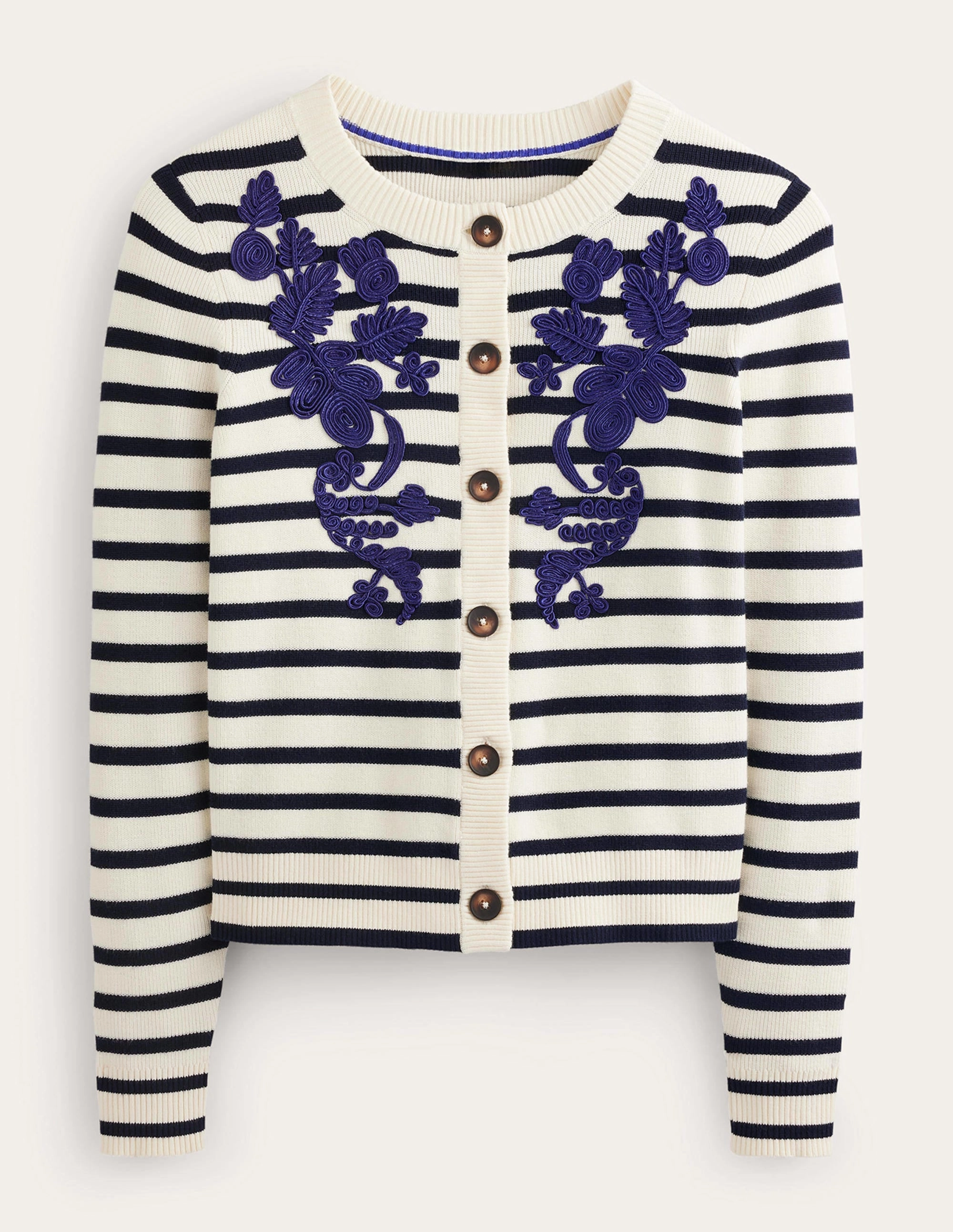 Embroidered Cardigan-Navy/Warm Ivory Stripe Travel Ready