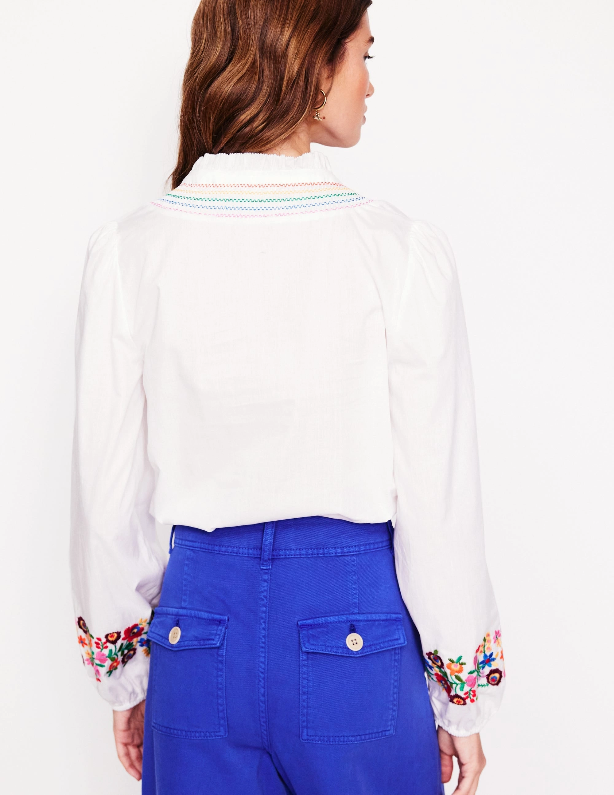 Embroidered Cotton Top-White, Multi Embroidery Neutral Tone Stitching preshrunk