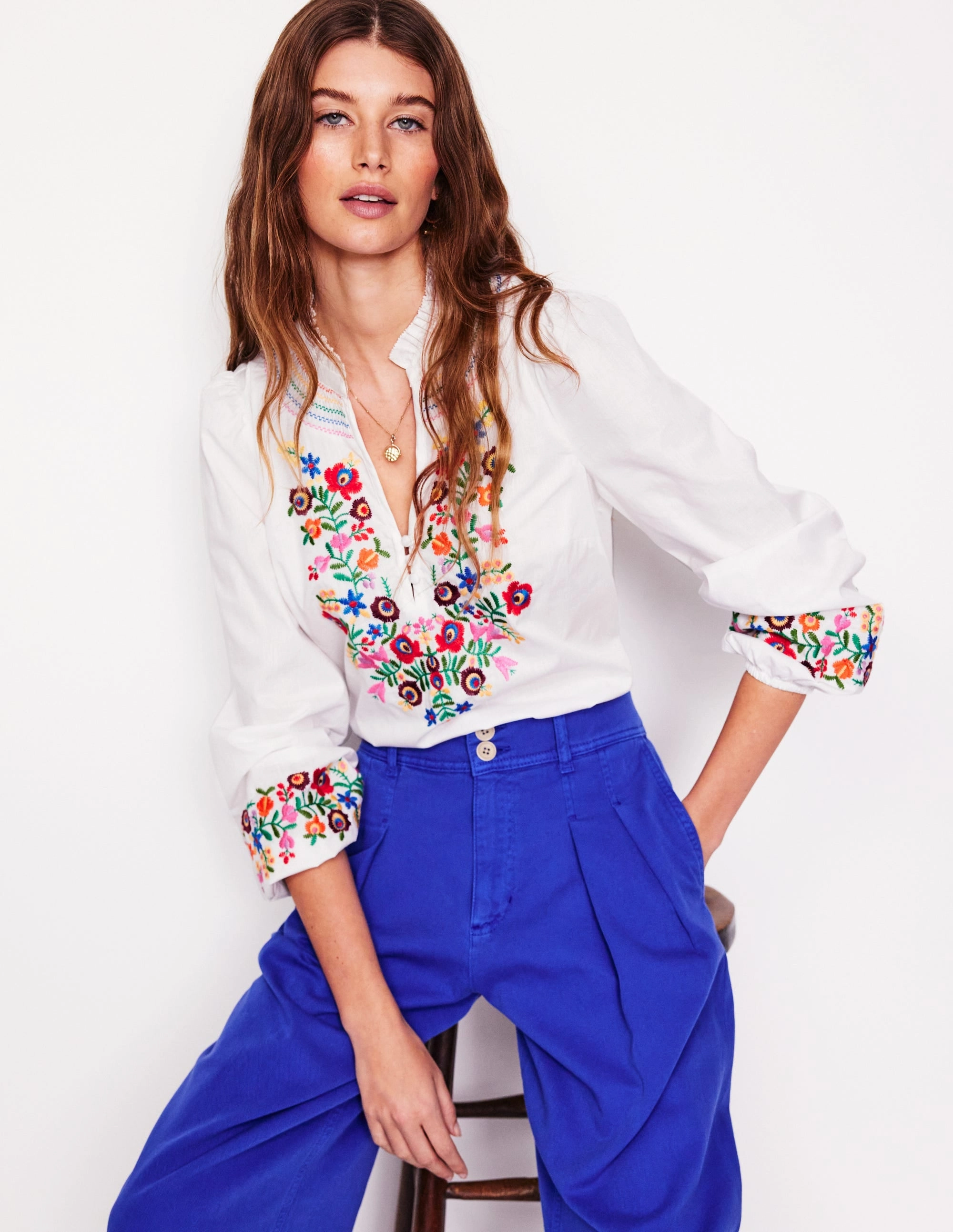 Embroidered Cotton Top-White, Multi Embroidery StretchKnit