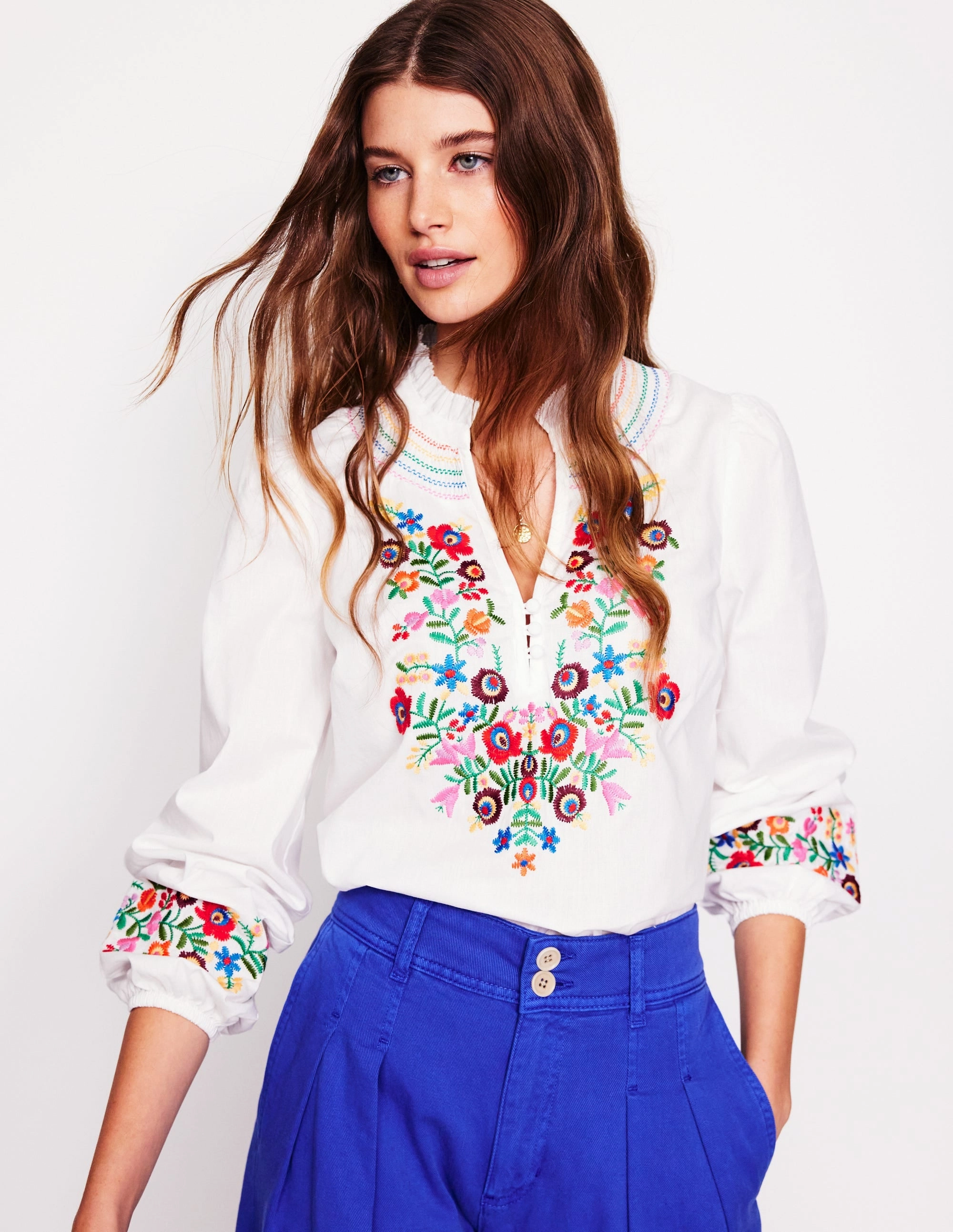 OdorControl Technology Embroidered Cotton Top-White, Multi Embroidery