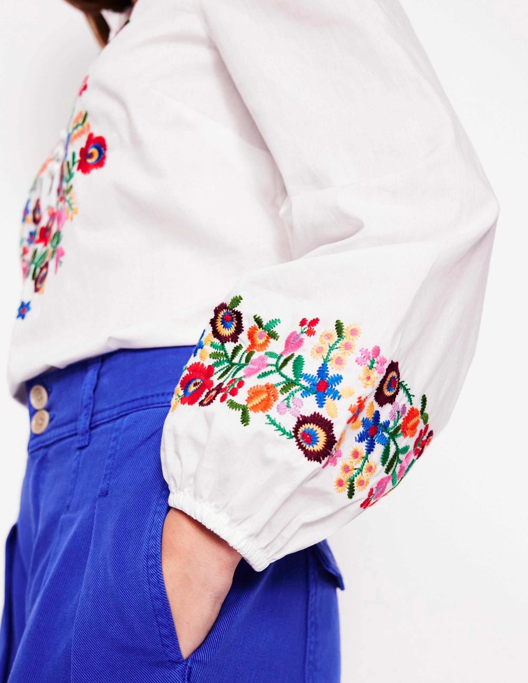 Casual Sweater Seamless Design Embroidered Cotton Top-White, Multi Embroidery