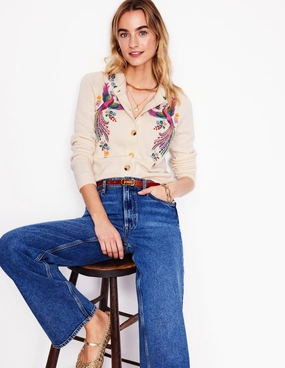 Embroidered Crew Neck Cardigan-Warm Ivory, Peacock Odor Resistant Fabric
