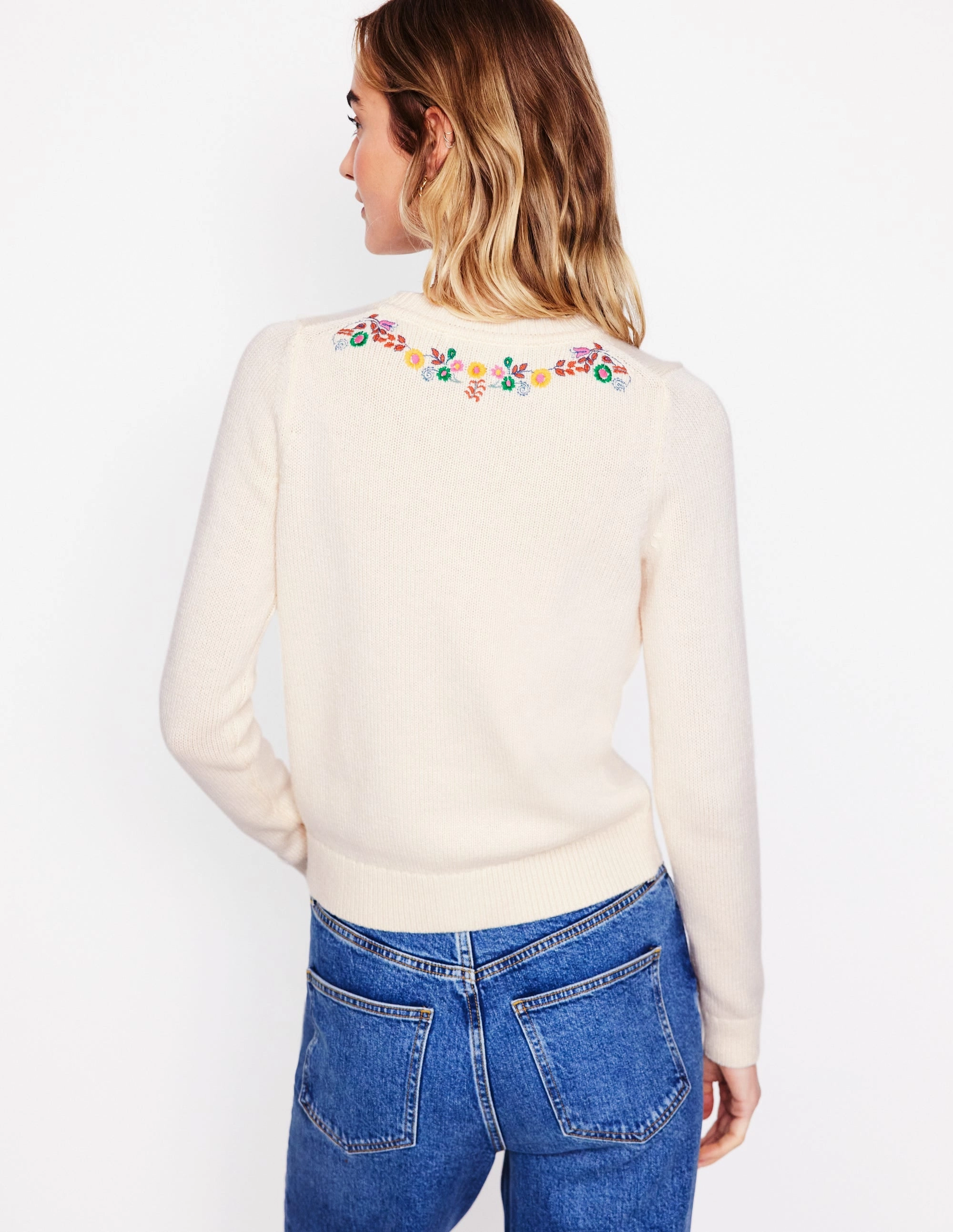 Biodegradable material Natural Fiber Blend Embroidered Crew Neck Cardigan-Warm Ivory, Peacock