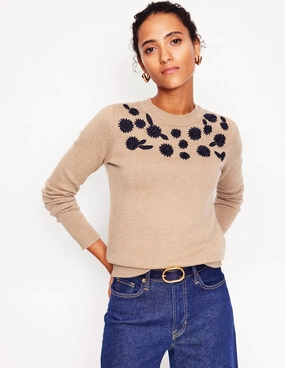 Embroidered Floral Jumper-Camel Melange HighElastic Recovery Twisted Cable Pattern