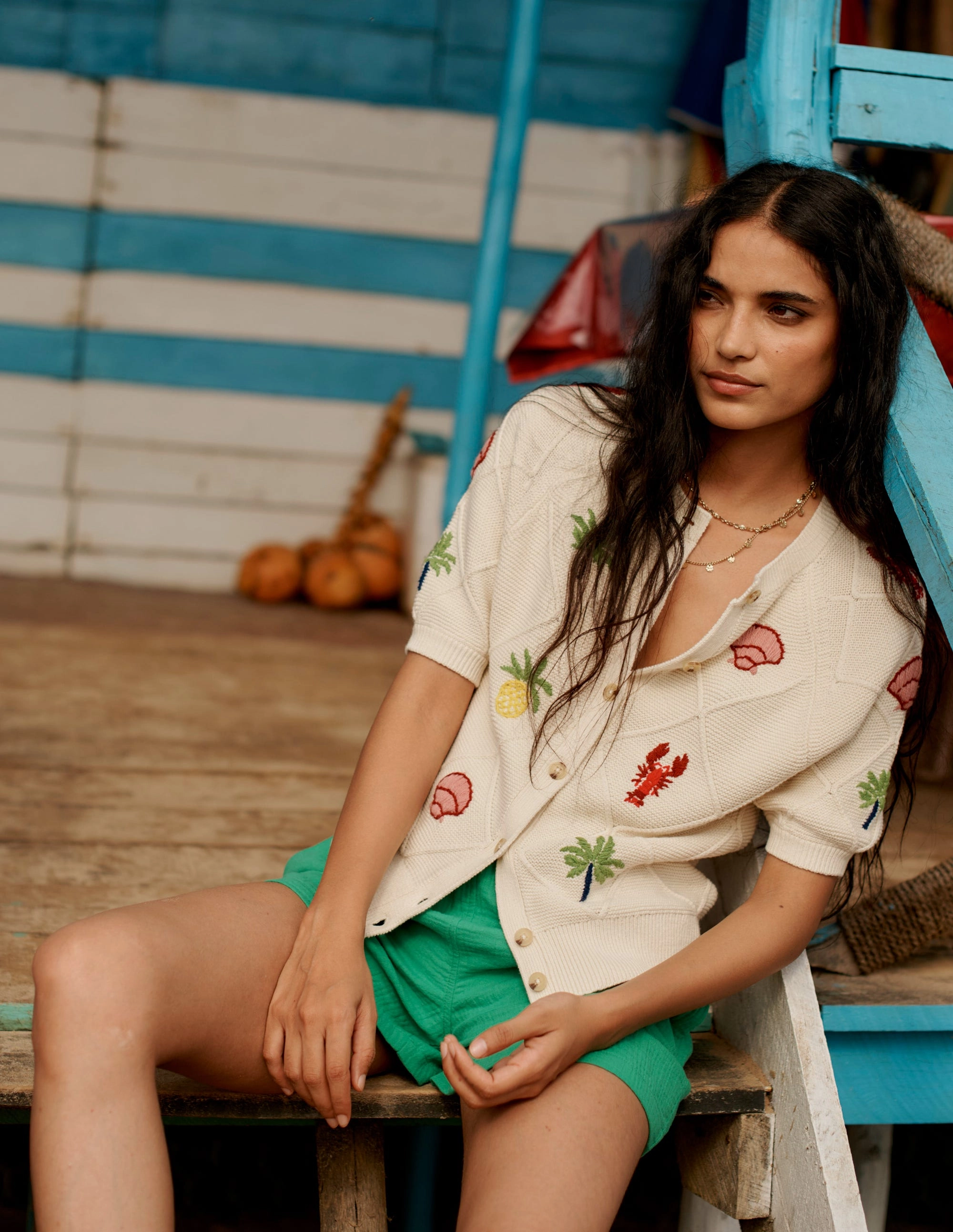 Embroidered T-Shirt Cardigan-Warm Ivory, Tropical Bonanza LowMaintenance Fabric OekoTex Certified