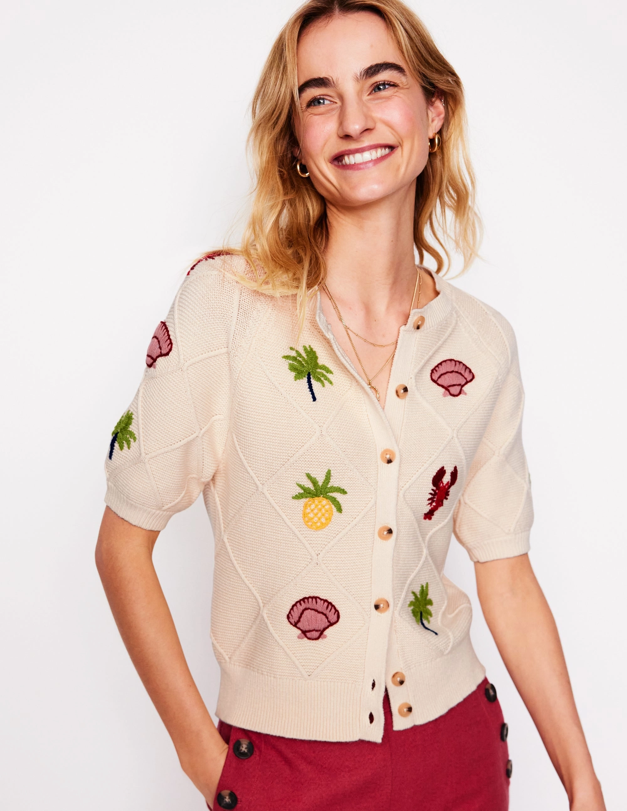 Biodegradable Fiber Blend Layering Piece Embroidered T-Shirt Cardigan-Warm Ivory, Tropical Bonanza