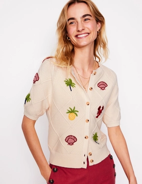 Biodegradable Fiber Blend Layering Piece Embroidered T-Shirt Cardigan-Warm Ivory, Tropical Bonanza