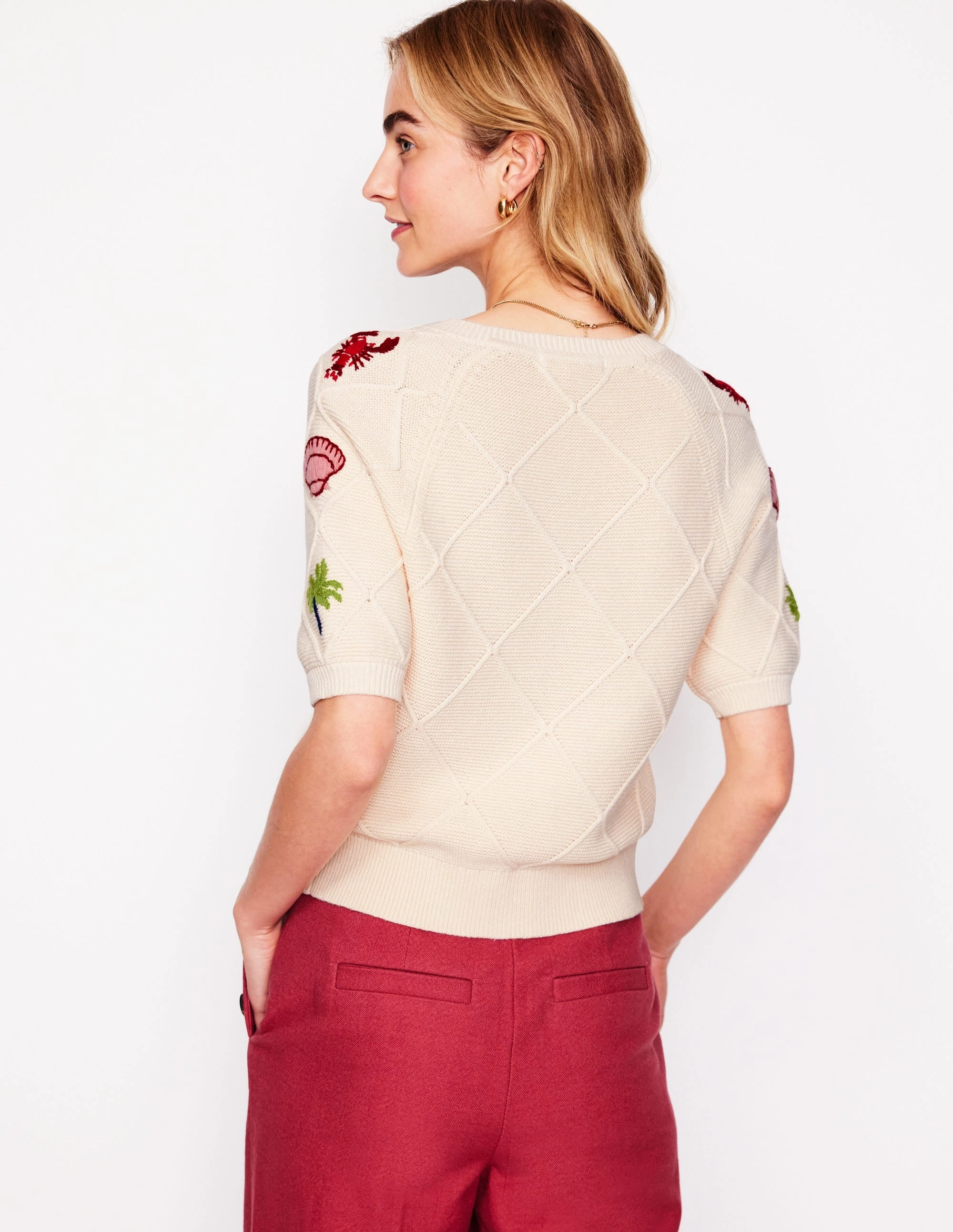 Embroidered T-Shirt Cardigan-Warm Ivory, Tropical Bonanza Microfiber Textile Chunky Cable Pattern