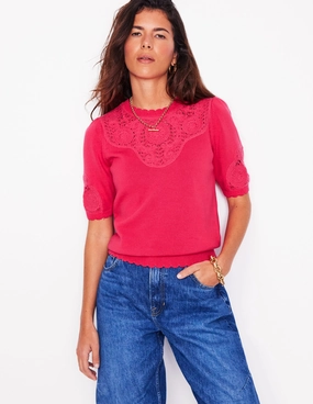 Embroidered Yoke Knitted Tee-Camelia Pink Quick Dry Knitwear